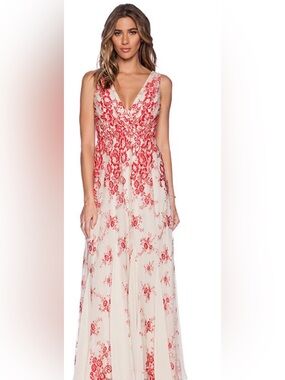 Alice + Olivia Ivory Maxi Dress with Red Floral Embroidery